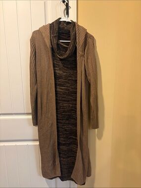 Brown Hooded Long Ribbed Cardigan Sweater and Dress Set